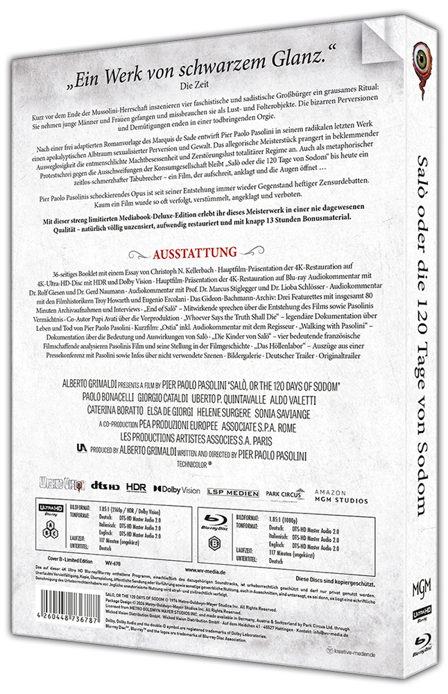 SALO ODER DIE 120 TAGE VON SODOM (4K UHD+2Blu-Rays) - Cover B - Mediabook - Limited 333 Edition
